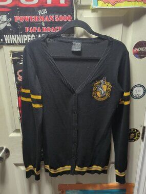 Harry Potter Women Sweater Large Black Cardigan Logo Huflepuff